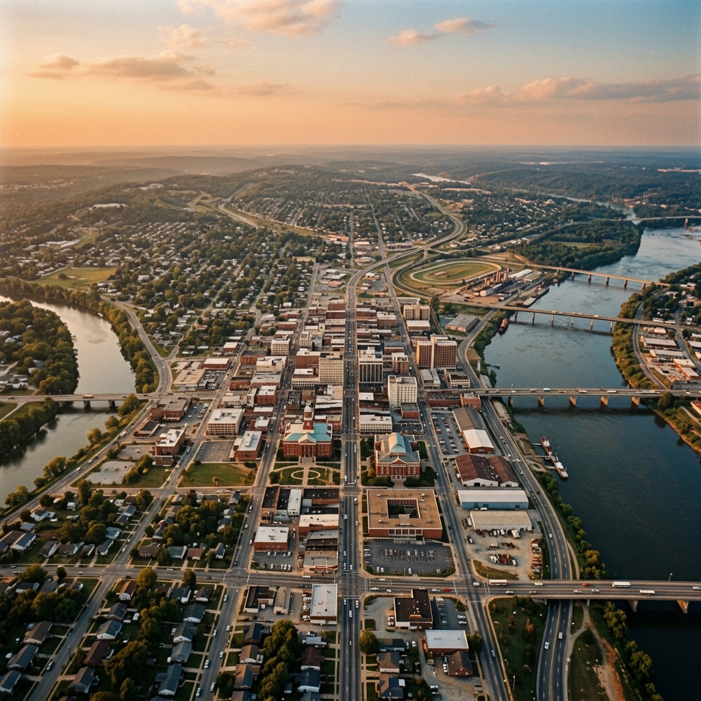Aerial illustration of Columbus, Georgia in the 1970s during the city-county merger