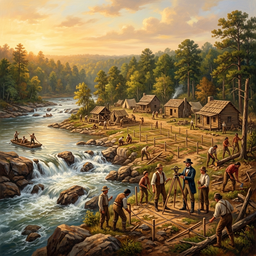 Illustration of the founding of Columbus, Georgia in 1828 along the Chattahoochee River