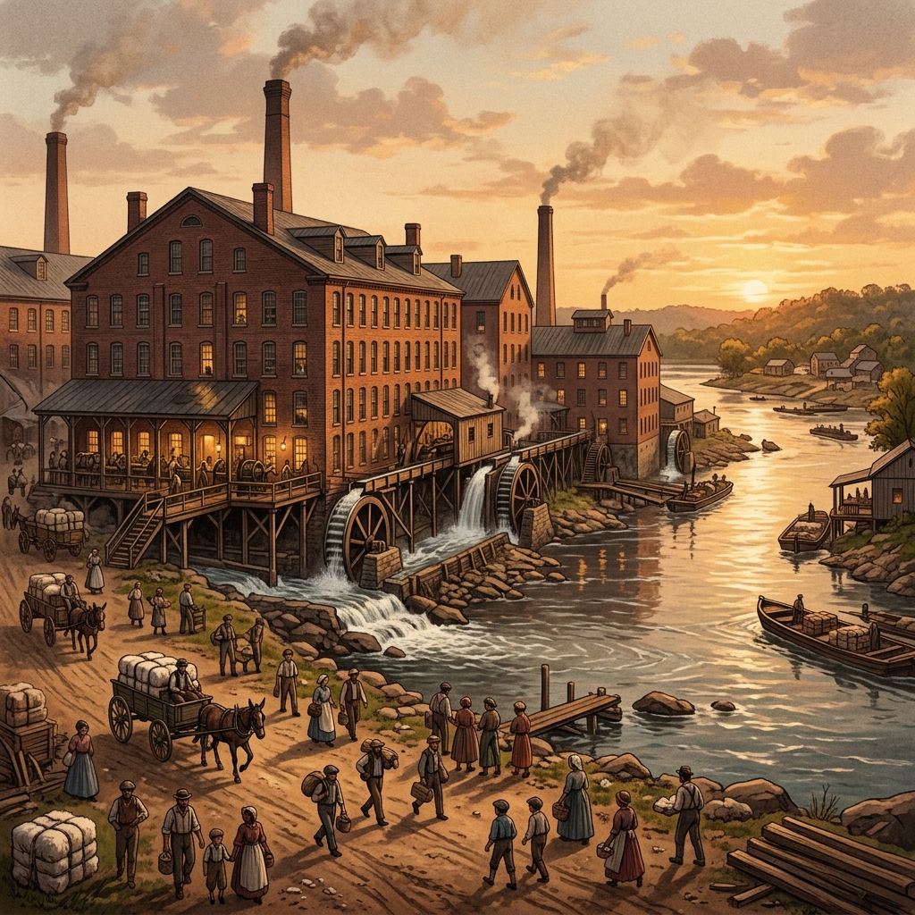 Illustration of 1850s textile mills along the Chattahoochee River in Columbus, Georgia