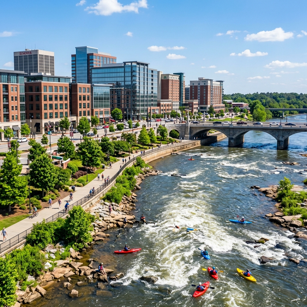 Modern Columbus, Georgia with the Chattahoochee River whitewater course and revitalized downtown